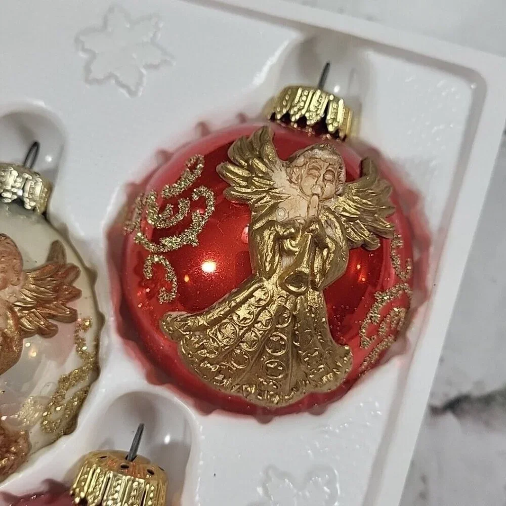 Vintage Kugelgruss Christmas Ornaments Box Of 3‎ Red Gold Noel Angels Germany